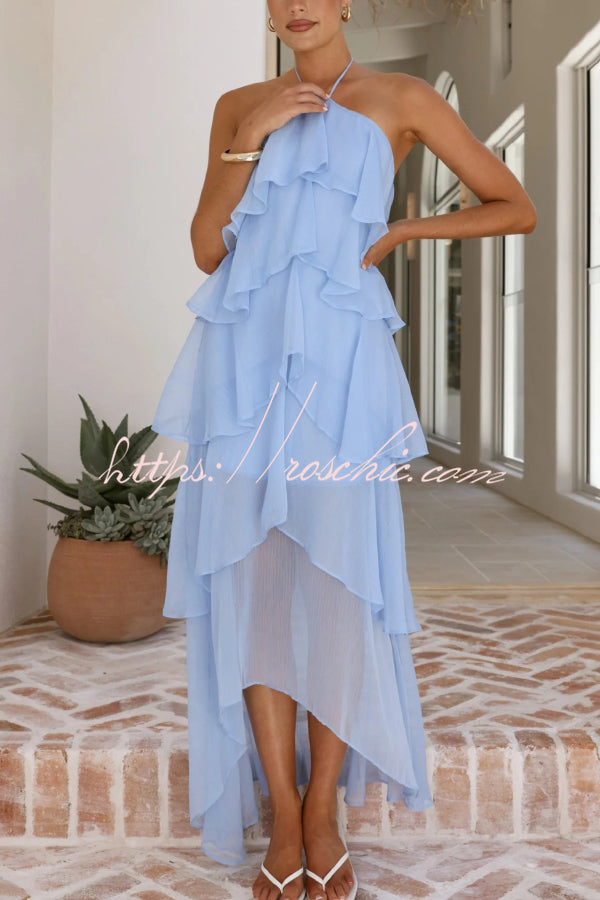 Chiffon Halter Neck Ruffle Maxi Dress – Loose Fit