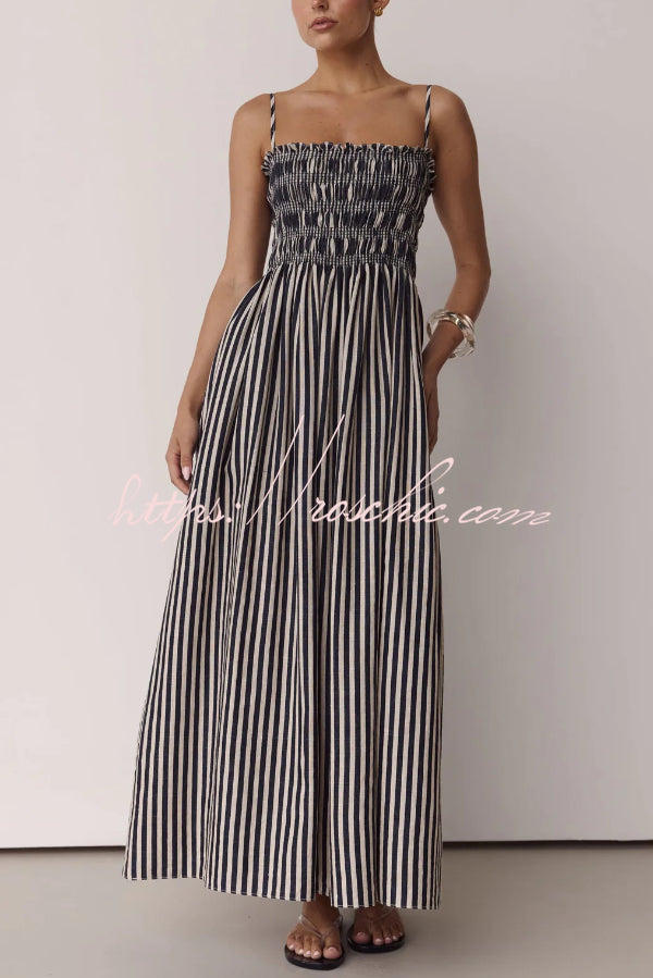 Striped Spaghetti Strap Pleated Maxi Dress with Pockets
