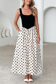 Black & White Polka Dot Sleeveless Maxi Dress with Pockets