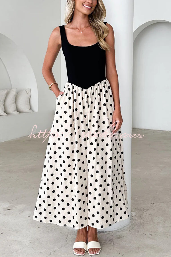 Black & White Polka Dot Sleeveless Maxi Dress with Pockets