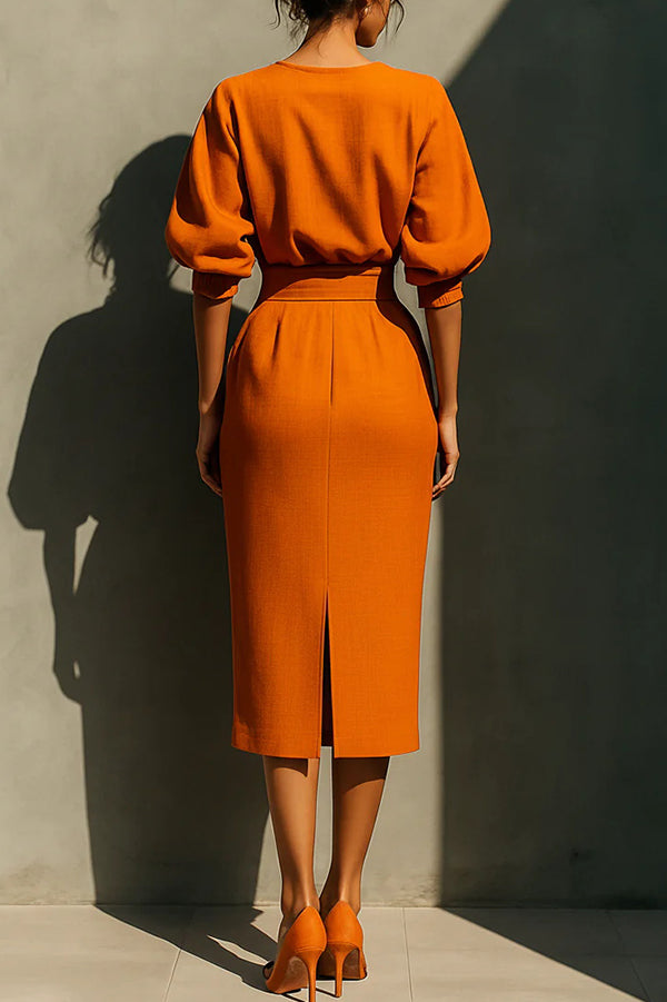 Puff Sleeve High-Waisted Midi Dress with Pockets