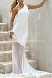 Satin One-Shoulder Maxi Dress with Chiffon Fishtail Hem