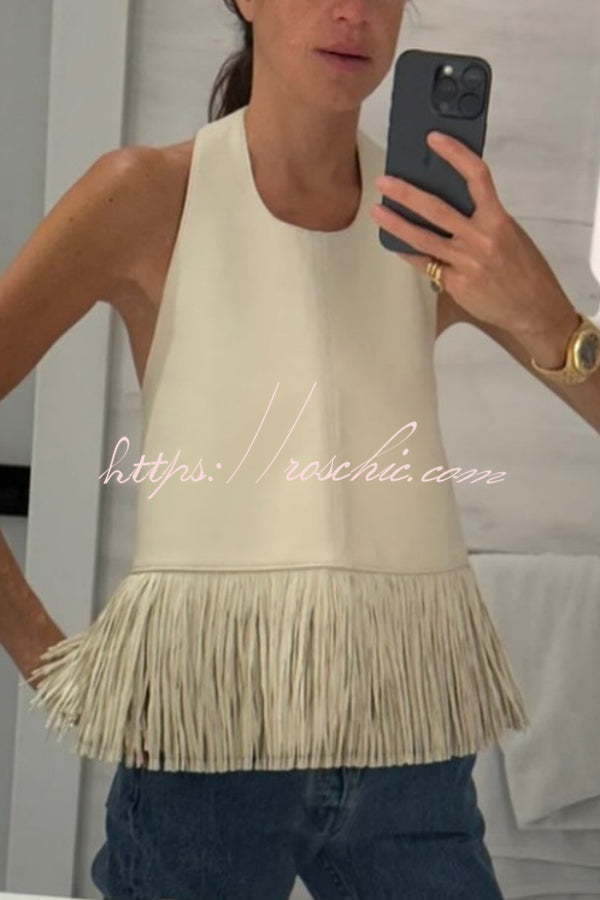 Faux Leather Halter Neck Sleeveless Top with Tassel Detail