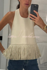 Faux Leather Halter Neck Sleeveless Top with Tassel Detail