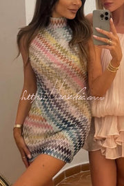 Colorful Zigzag Knit High Neck Sleeveless Mini Dress