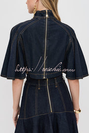 Denim Mock Neck Flutter Sleeve Crop Top | Vacation Style
