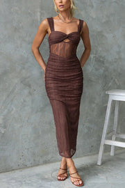 Sweetheart Neck Mesh Ruched Maxi Dress – Sleeveless Party Wear