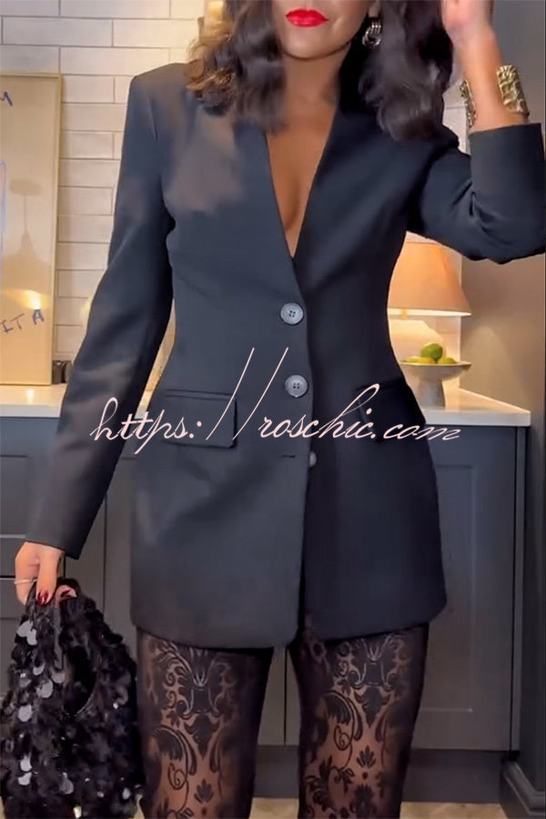 Women's V-Neck Blazer Dress Long Sleeve Waisted Button-Up Top