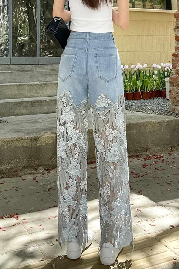 Lace Openwork Straight-Leg Jeans with Pockets
