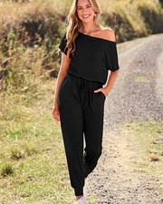 Off-Shoulder Short Sleeve Jumpsuit with Drawstring Waist