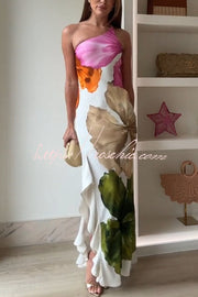 Floral Print One Shoulder Maxi Slip Dress with Side Ruffles