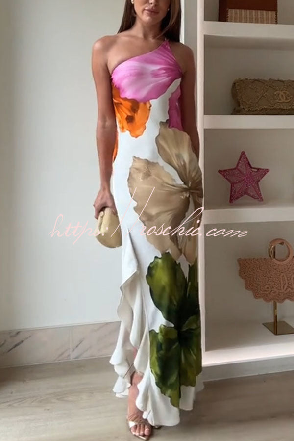 Floral Print One Shoulder Maxi Slip Dress with Side Ruffles