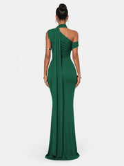 One Shoulder Formal Evening Gown with Built-In Bra, Ruched Mesh