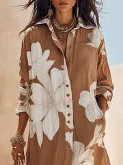 Bohemian Floral Maxi Shirt Dress in Cocoa Brown