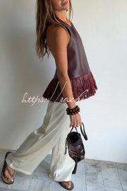 Faux Leather Halter Neck Sleeveless Top with Tassel Detail