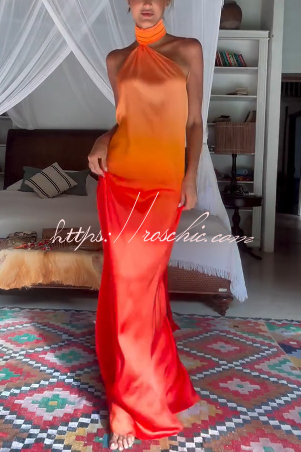 Gradient Print High Neck Backless Tie-Up Maxi Dress