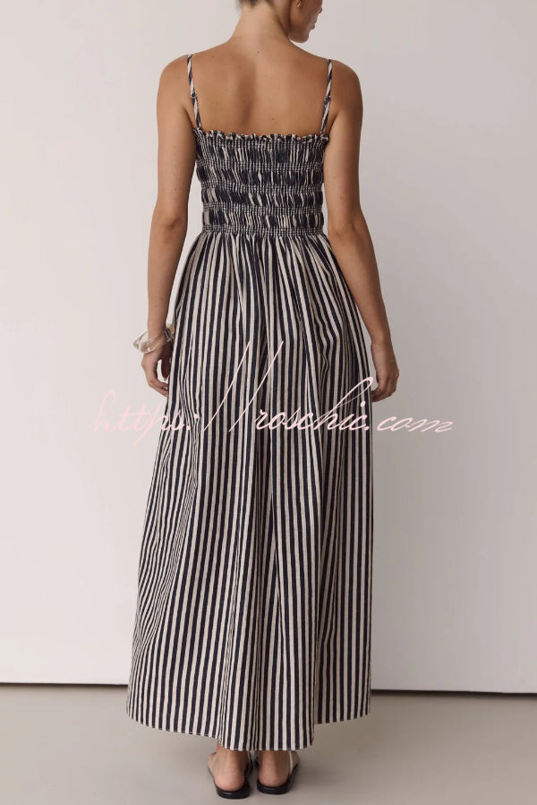 Striped Spaghetti Strap Pleated Maxi Dress with Pockets