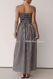 Striped Spaghetti Strap Pleated Maxi Dress with Pockets
