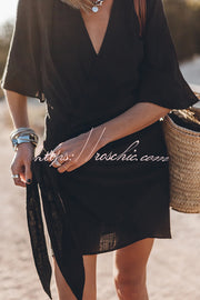 Cotton Linen Blend Knotted Wrap Mini Dress