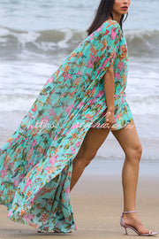 Floral Print High Low Cape Maxi Dress for Party & Vacation