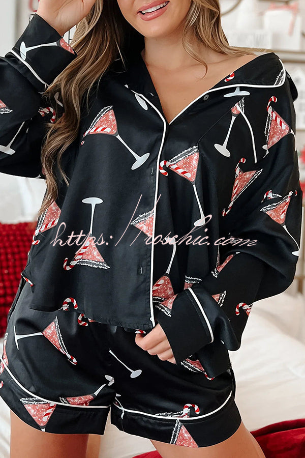Christmas Printed Pajama Shorts Set with Pockets