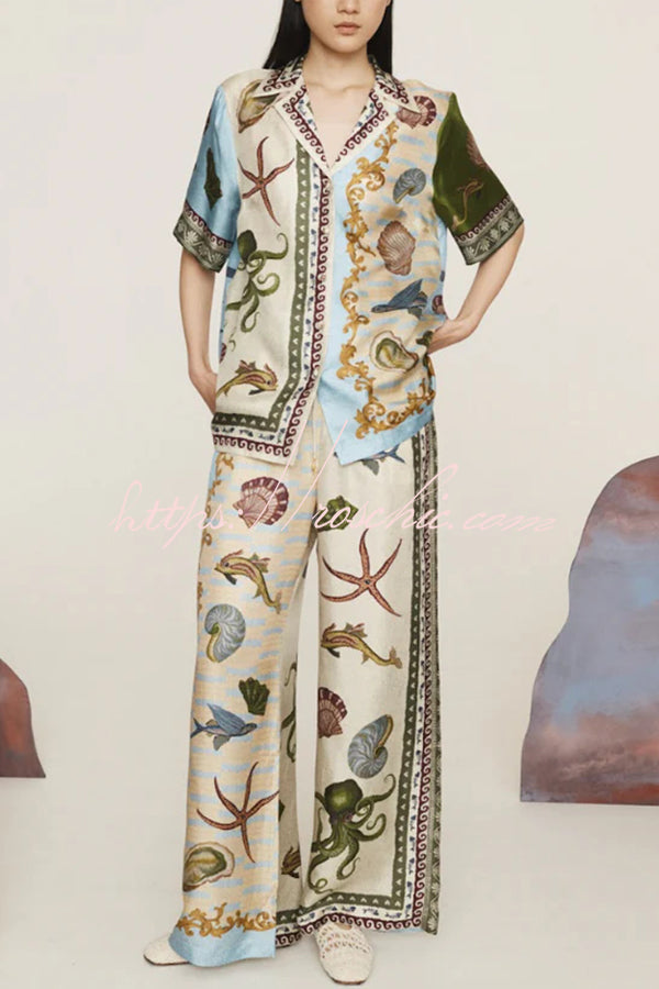 Satin Printed Short Sleeve Shirt & Pants Set