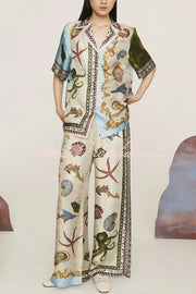 Satin Printed Short Sleeve Shirt & Pants Set