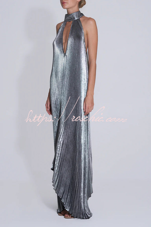 Metallic Pleated Halter Maxi Dress – Deep V-Neck