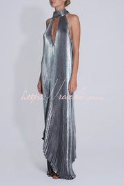 Metallic Pleated Halter Maxi Dress – Deep V-Neck