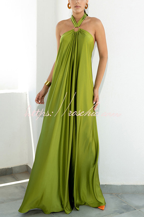 Satin Halter Backless Maxi Dress – Sleeveless Vacation Wear