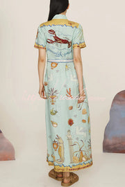 Linen Blend Maxi Dress | Unique Print Tie-Up Shirt Dress