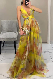Floral Print Tulle Cutout Waist Lace-Up Maxi Dress