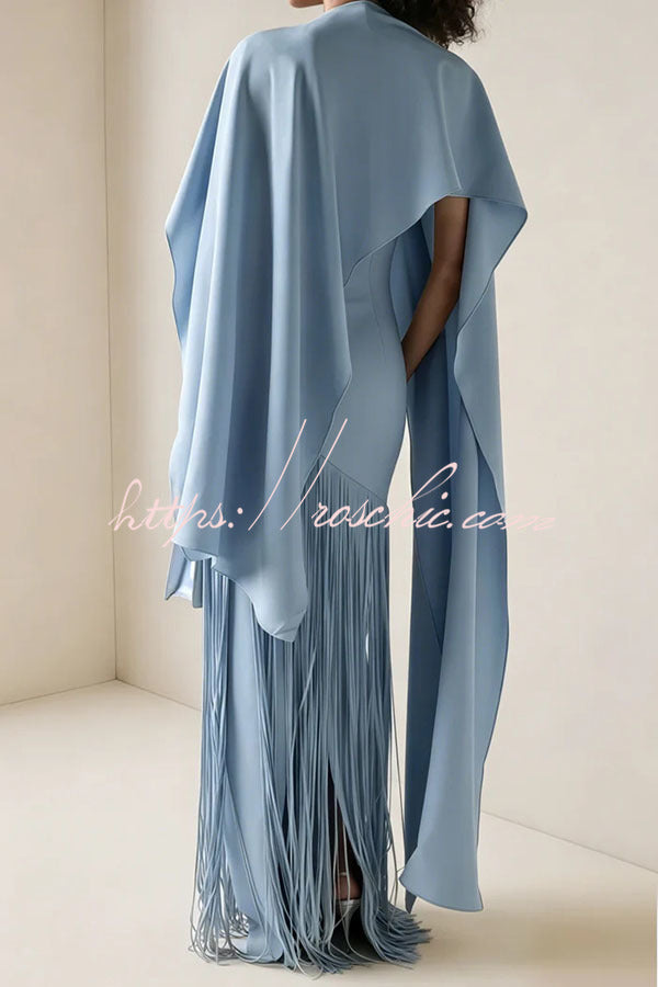 Fringed Hem Maxi Gown with Detachable Shawl Detail