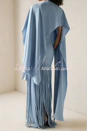 Fringed Hem Maxi Gown with Detachable Shawl Detail