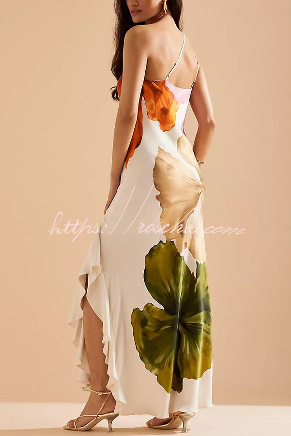 Floral Print One Shoulder Maxi Slip Dress with Side Ruffles