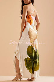 Floral Print One Shoulder Maxi Slip Dress with Side Ruffles
