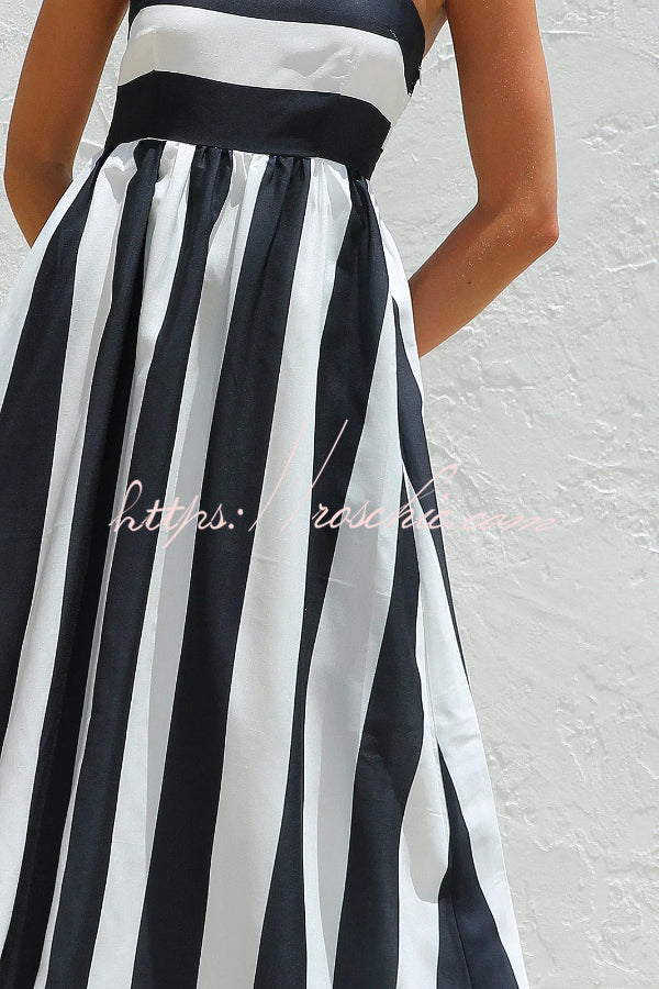 Color-Block Striped Maxi Dress with Square Neck and Pockets