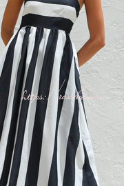 Color-Block Striped Maxi Dress with Square Neck and Pockets