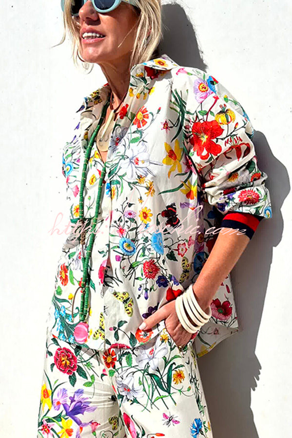 Satin Floral Print Oversized Button-Down Blouse