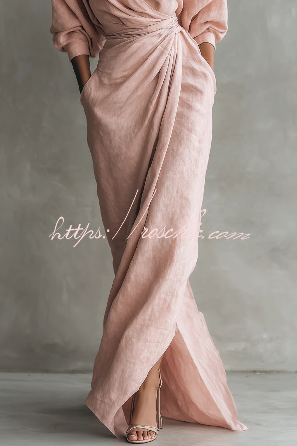 Linen Blend Maxi Dress | Loose V-Neck with Pleated Waist