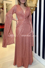 Sequin Cape Sleeve Cross-Waist Evening Maxi Dress