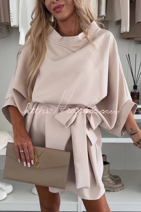 Loose Batwing Sleeve Belted Mini Dress – Solid Color