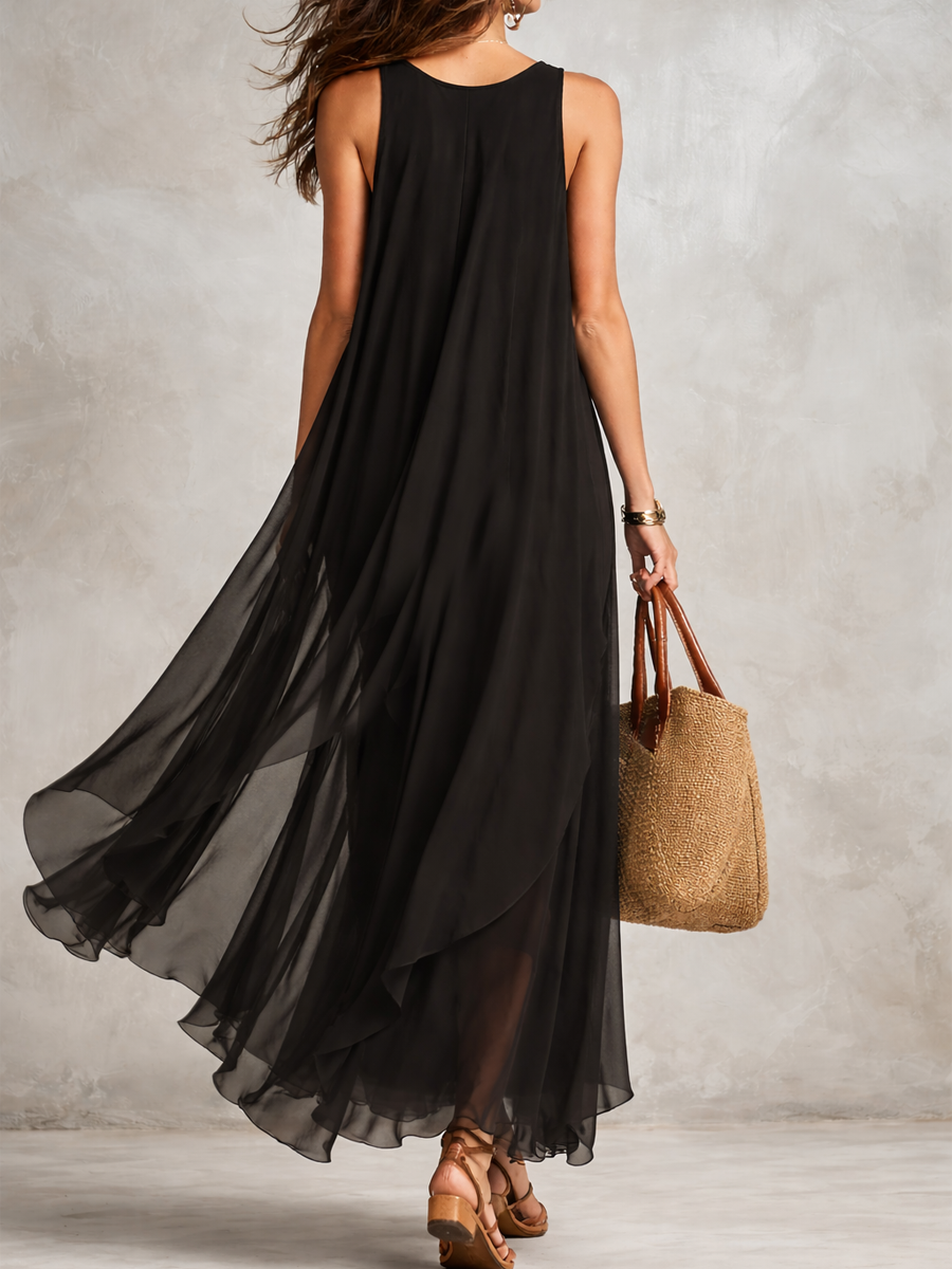 Black Layered Chiffon Maxi Dress – Boho Tiered Style
