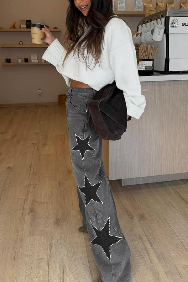 Jean en denim à jambe large pour femme avec poches à imprimé étoiles