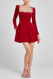 Black Velvet Mini Dress with Jeweled Trim & Long Sleeves