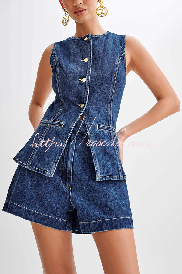High Waist Relaxed Fit Denim Shorts with Button Fly