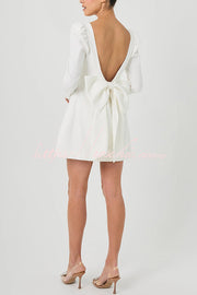 Puff Shoulder Mini Dress with Bow Back & Long Sleeves