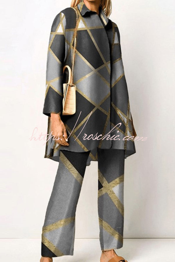 Geometric Print Lapel Two-Piece Top and Pants Set