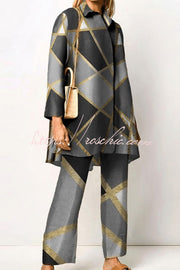 Geometric Print Lapel Two-Piece Top and Pants Set