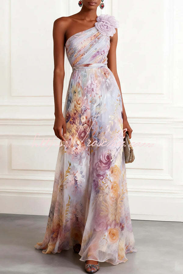 Chiffon 3D Floral One-Shoulder Maxi Dress | A-Line Gown